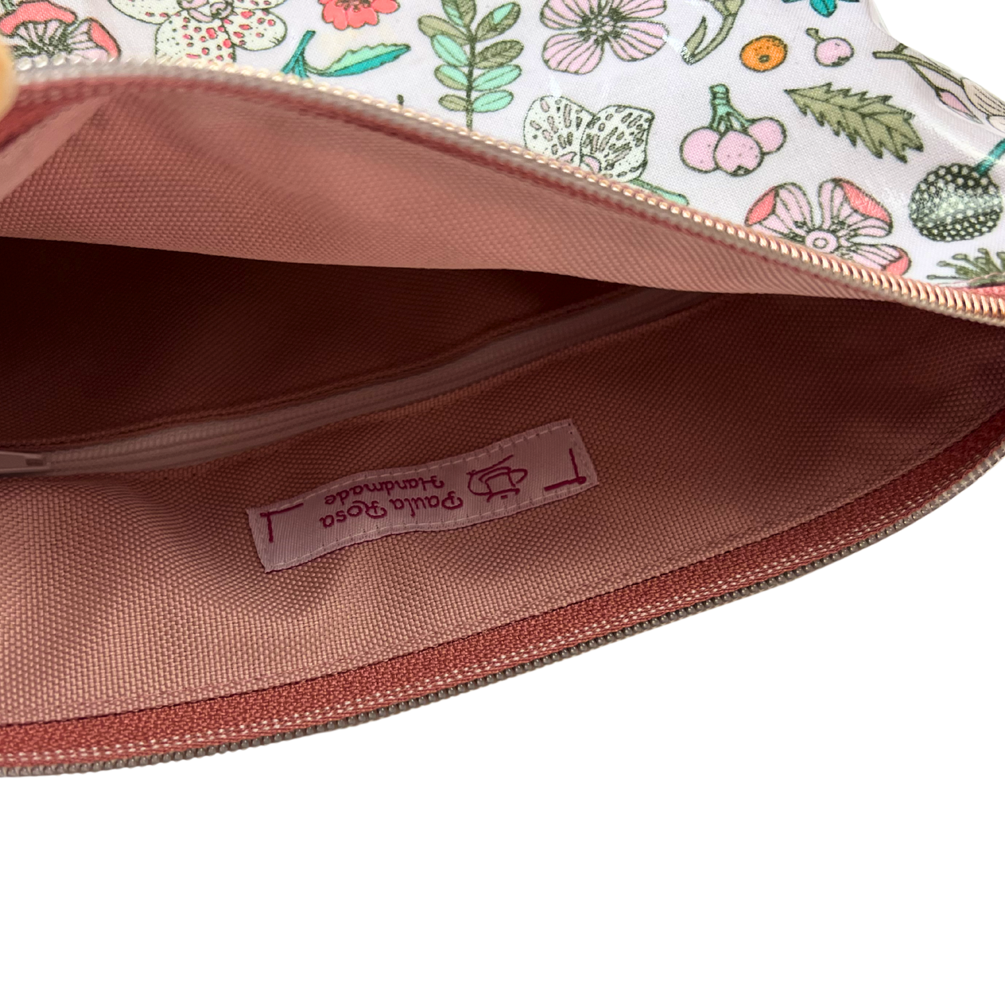 Große Kosmetiktasche Schminktasche Wasserabweisend, Wachstuch, Blumen & Pflanzen mit Kunstleder Altrosa, innen und außen abwaschbar