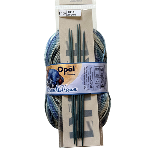 Stricksocken-Set Sockenwolle Opal Mitternachtstraum & Stricknadeln Lykke 15cm Indigo