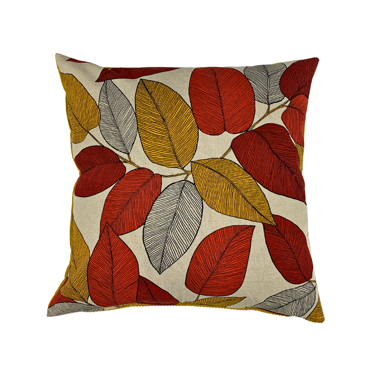 Kissenbezug Große Blätter Rot & Gelb 40x40cm, 50x50cm mit Breitcord – Paula Rosa Handmade