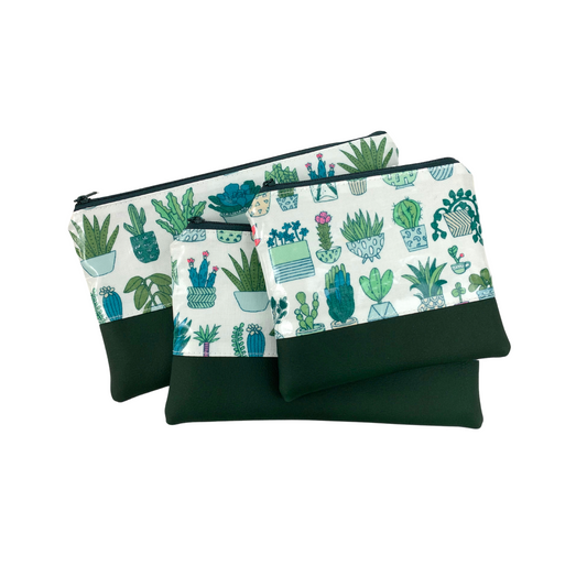 Kosmetiktasche Schminktasche Wasserabweisend, Wachstuch, Kakteen mit Kunstleder, innen und außen abwaschbar