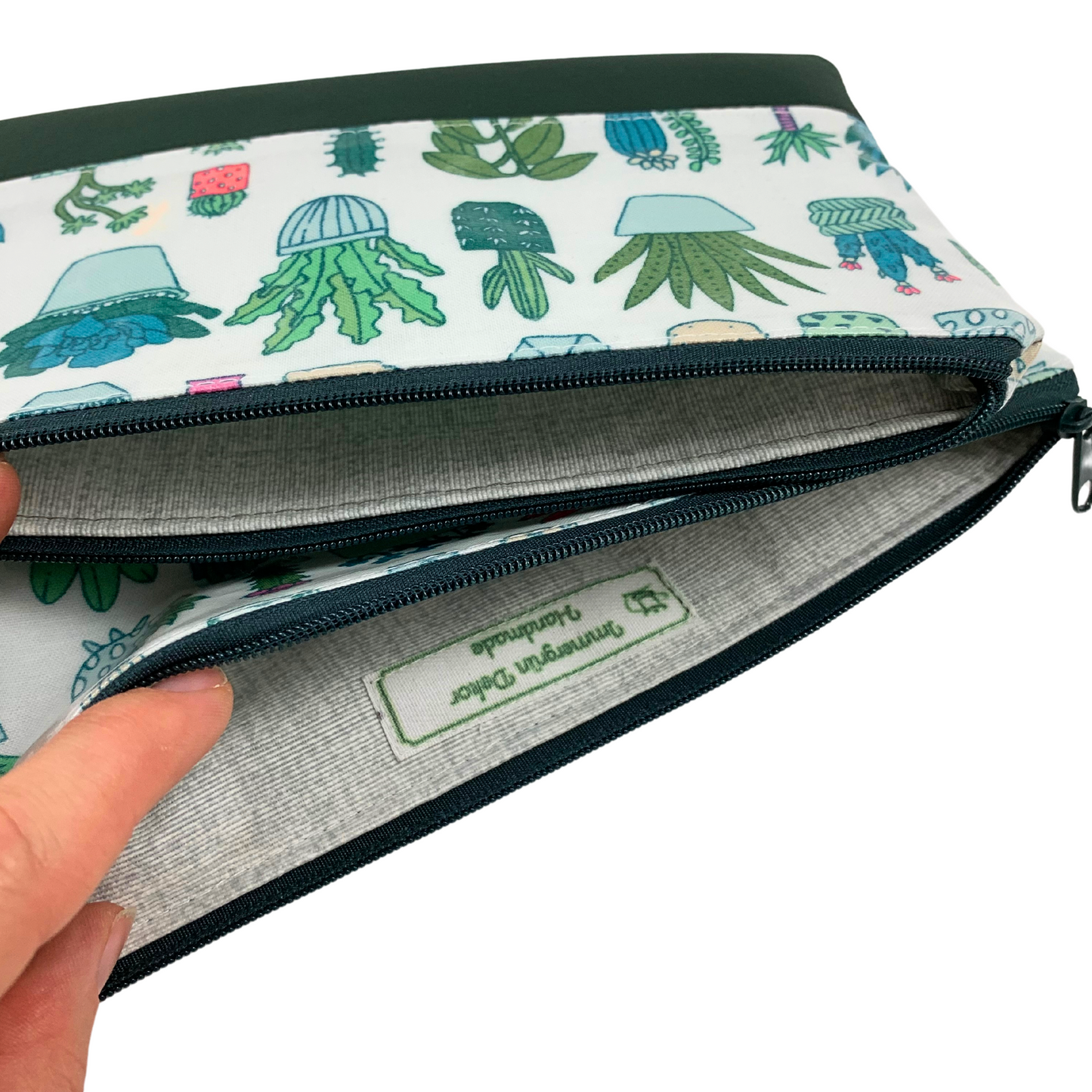Kosmetiktasche Schminktasche Wasserabweisend, Wachstuch, Kakteen mit Kunstleder, innen und außen abwaschbar