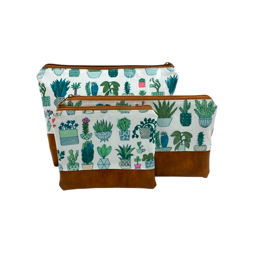 Kosmetiktasche Schminktasche Wasserabweisend, Wachstuch, Kakteen mit Kunstleder Braun, innen und außen abwaschbar