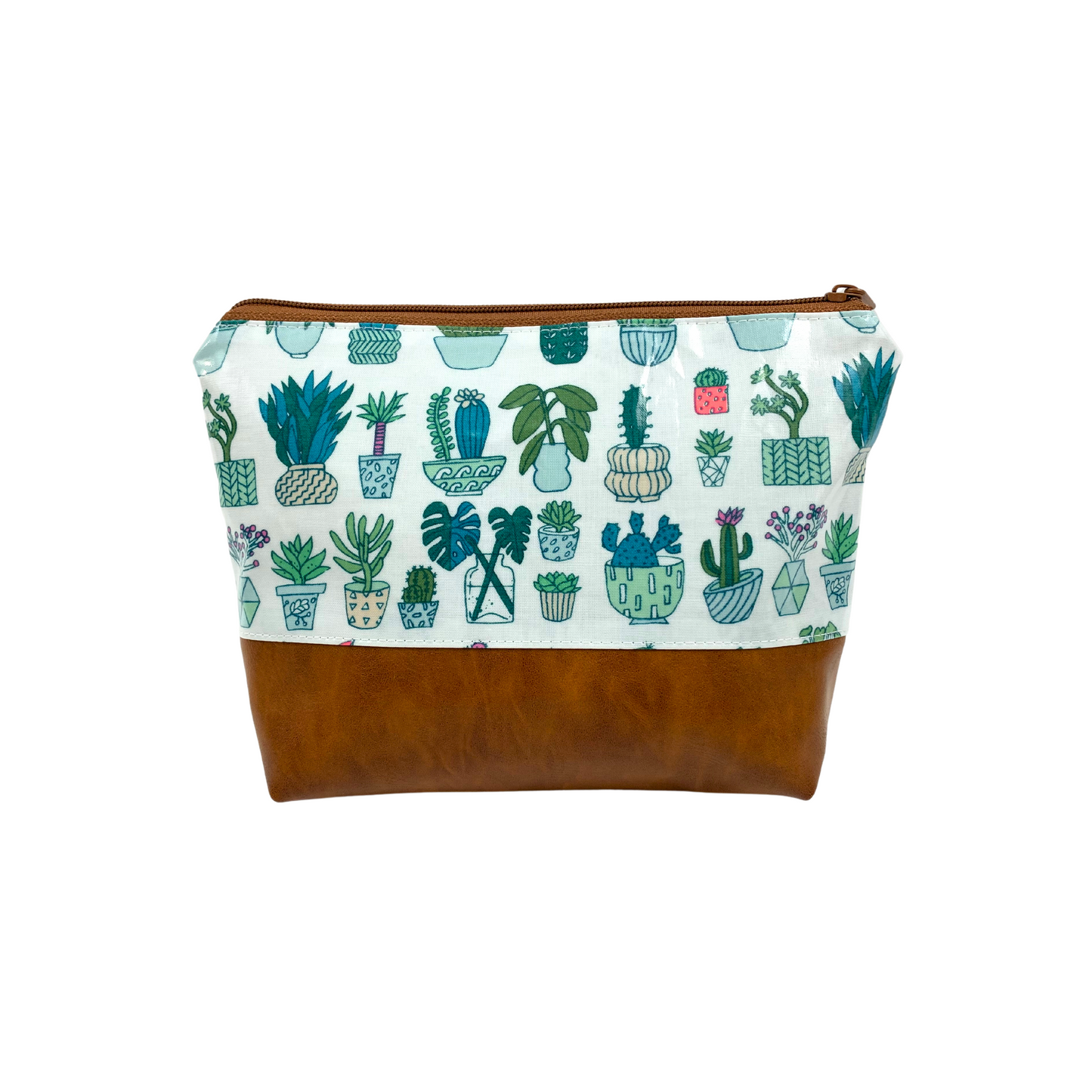 Kosmetiktasche Schminktasche Wasserabweisend, Wachstuch, Kakteen mit Kunstleder Braun, innen und außen abwaschbar