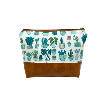 Kosmetiktasche Schminktasche Wasserabweisend, Wachstuch, Kakteen mit Kunstleder Braun, innen und außen abwaschbar