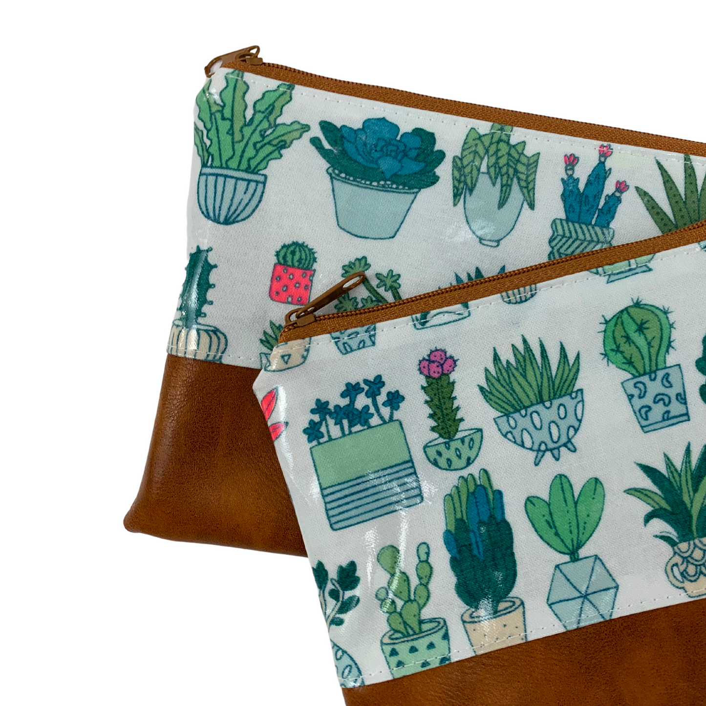 Kosmetiktasche Schminktasche Wasserabweisend, Wachstuch, Kakteen mit Kunstleder Braun, innen und außen abwaschbar