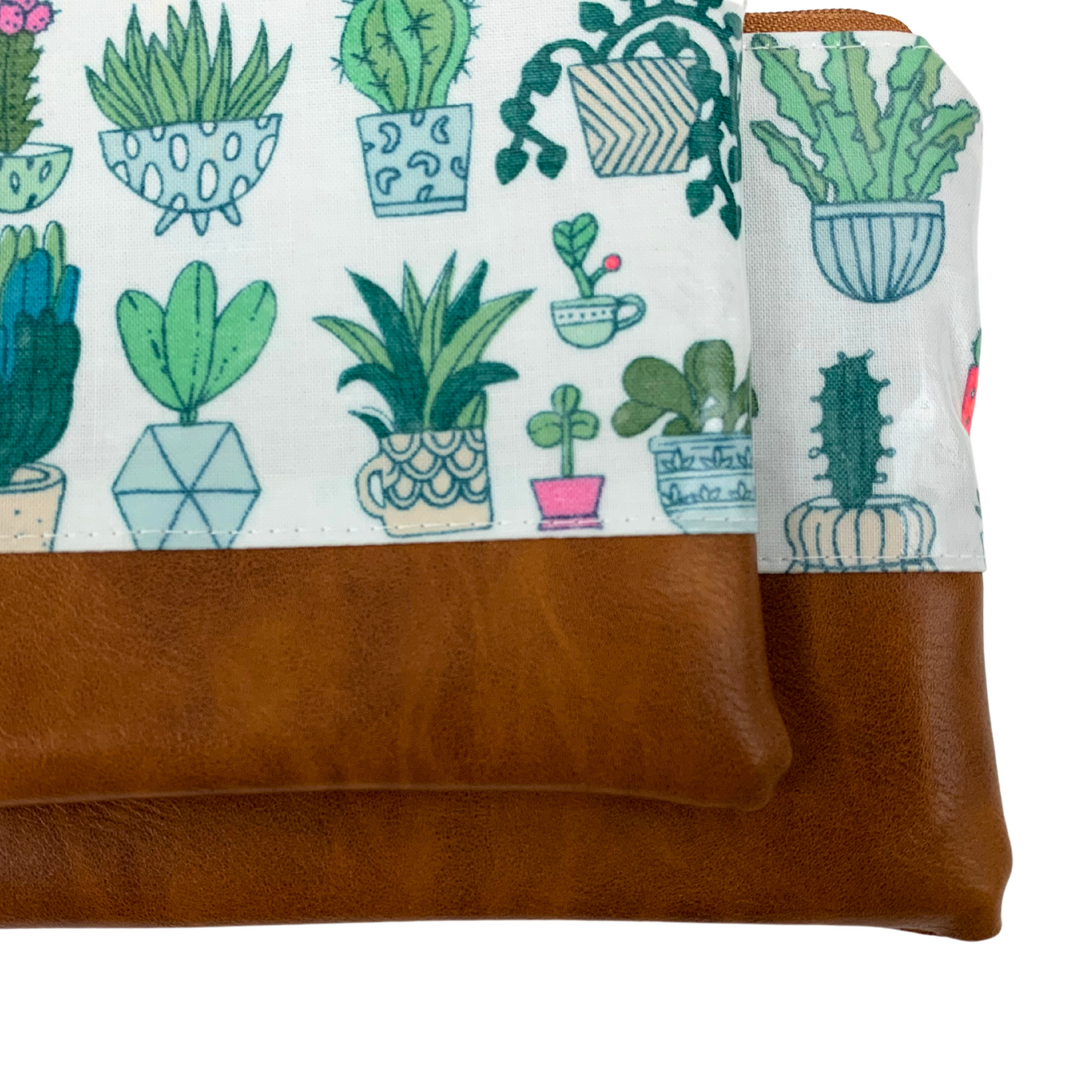Kosmetiktasche Schminktasche Wasserabweisend, Wachstuch, Kakteen mit Kunstleder Braun, innen und außen abwaschbar