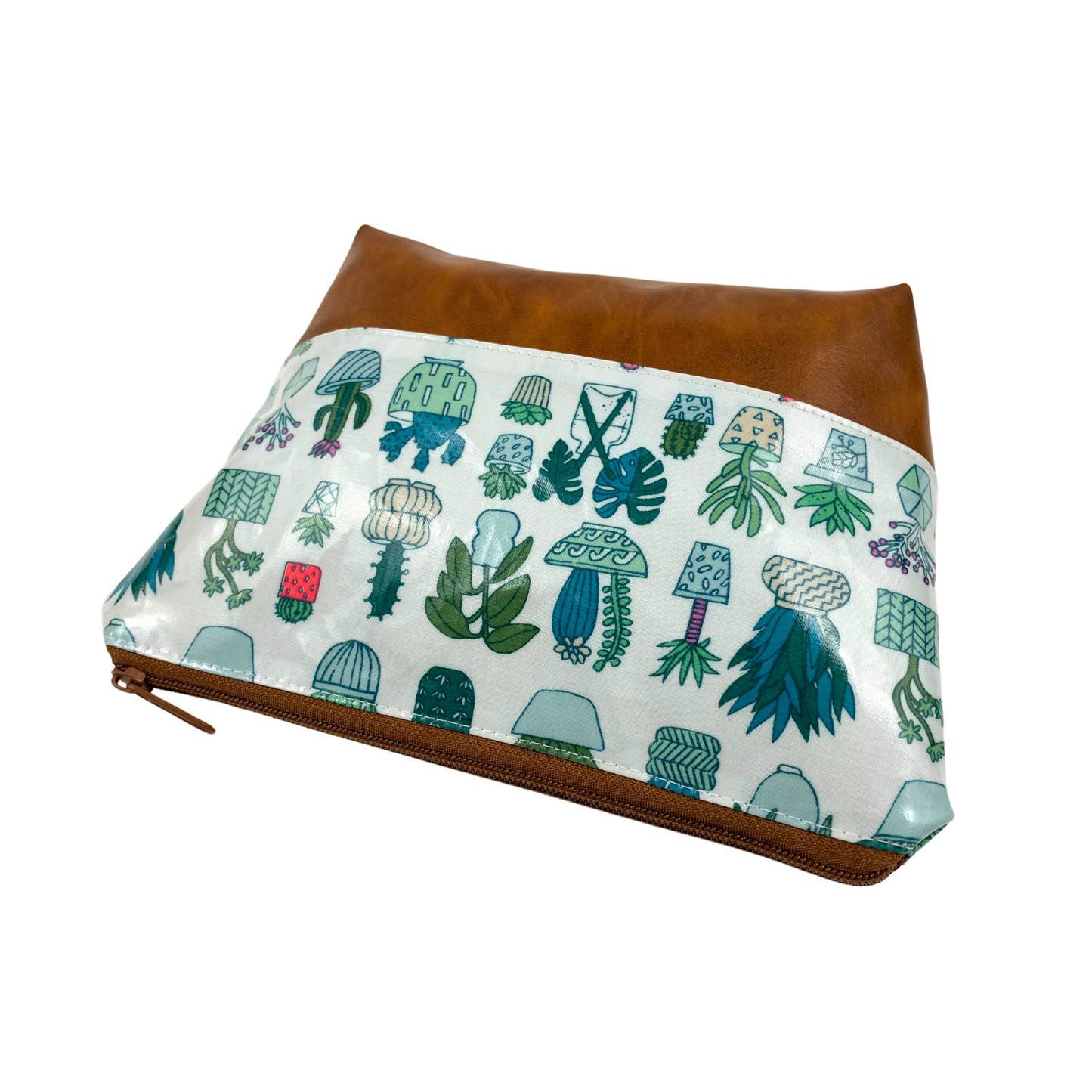 Kosmetiktasche Schminktasche Wasserabweisend, Wachstuch, Kakteen mit Kunstleder Braun, innen und außen abwaschbar