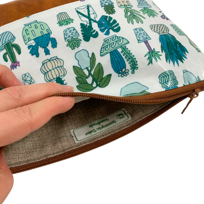 Kosmetiktasche Schminktasche Wasserabweisend, Wachstuch, Kakteen mit Kunstleder Braun, innen und außen abwaschbar