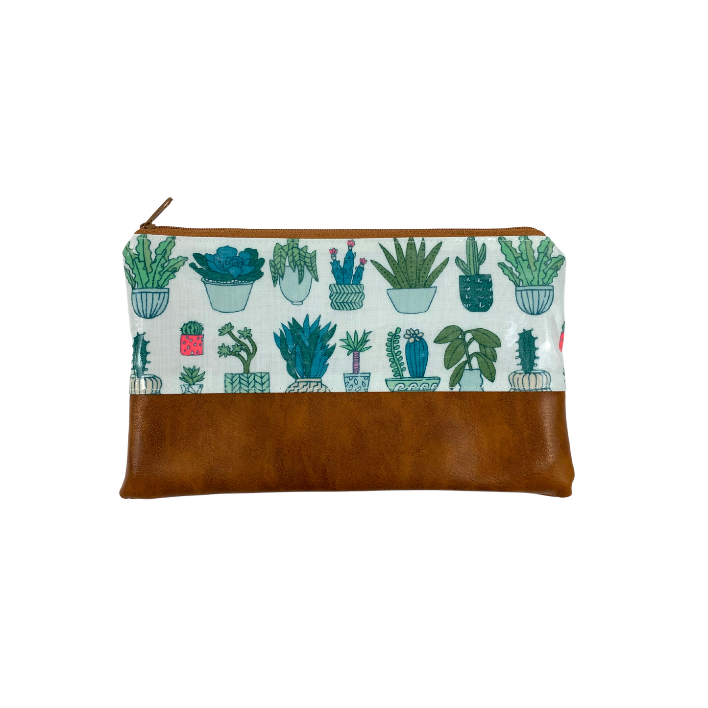 Kosmetiktasche Schminktasche Wasserabweisend, Wachstuch, Kakteen mit Kunstleder Braun, innen und außen abwaschbar