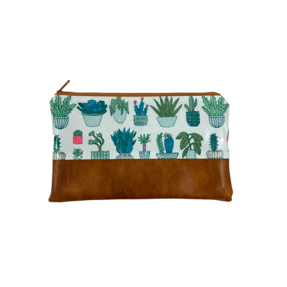 Kosmetiktasche Schminktasche Wasserabweisend, Wachstuch, Kakteen mit Kunstleder Braun, innen und außen abwaschbar