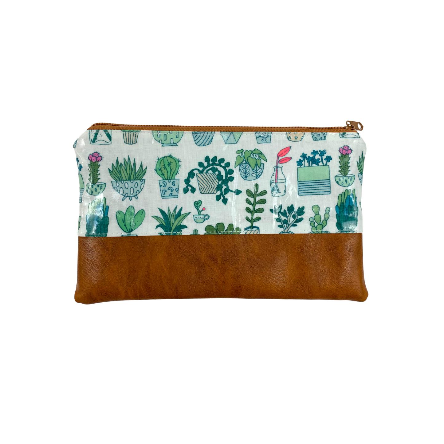 Kosmetiktasche Schminktasche Wasserabweisend, Wachstuch, Kakteen mit Kunstleder Braun, innen und außen abwaschbar