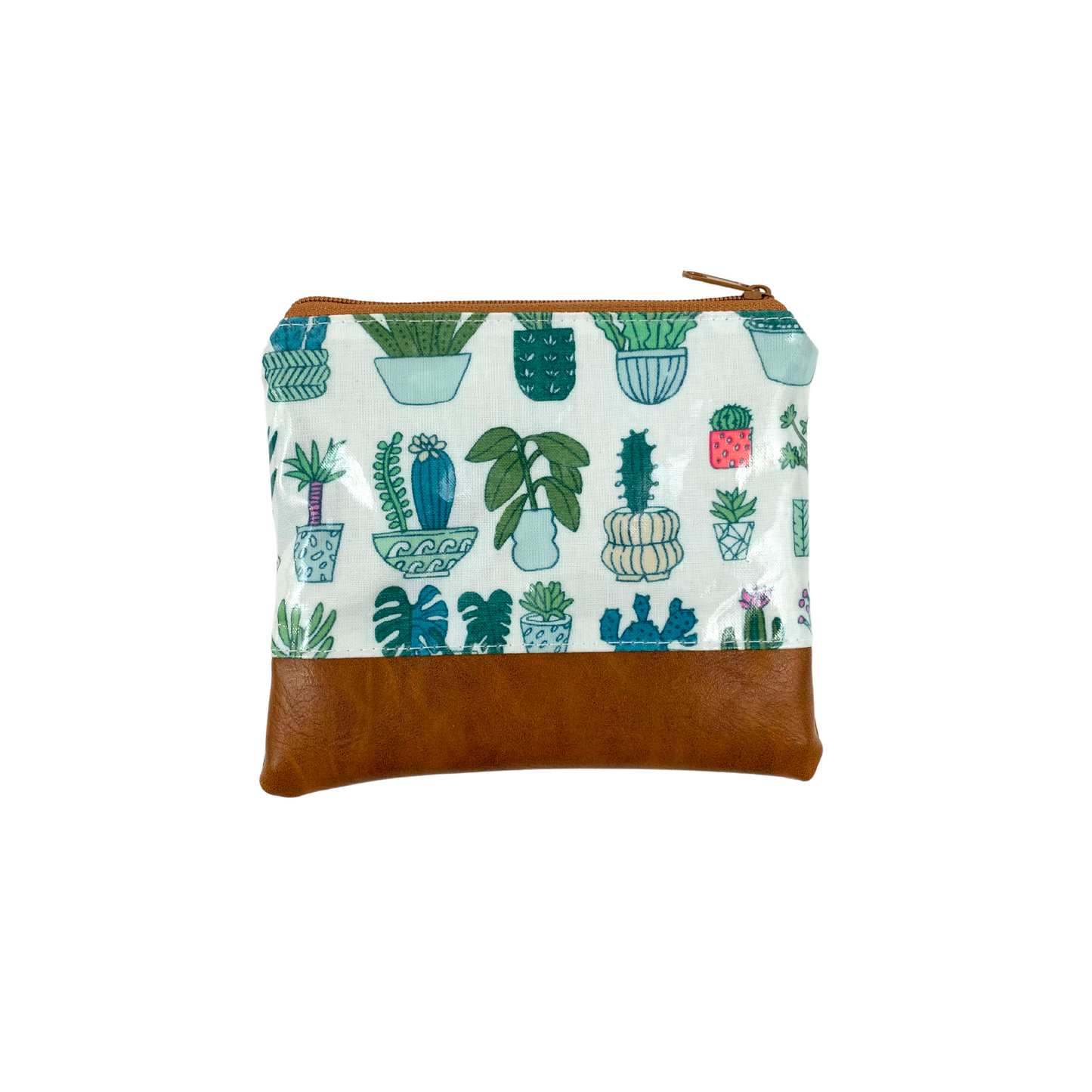 Kosmetiktasche Schminktasche Wasserabweisend, Wachstuch, Kakteen mit Kunstleder Braun, innen und außen abwaschbar
