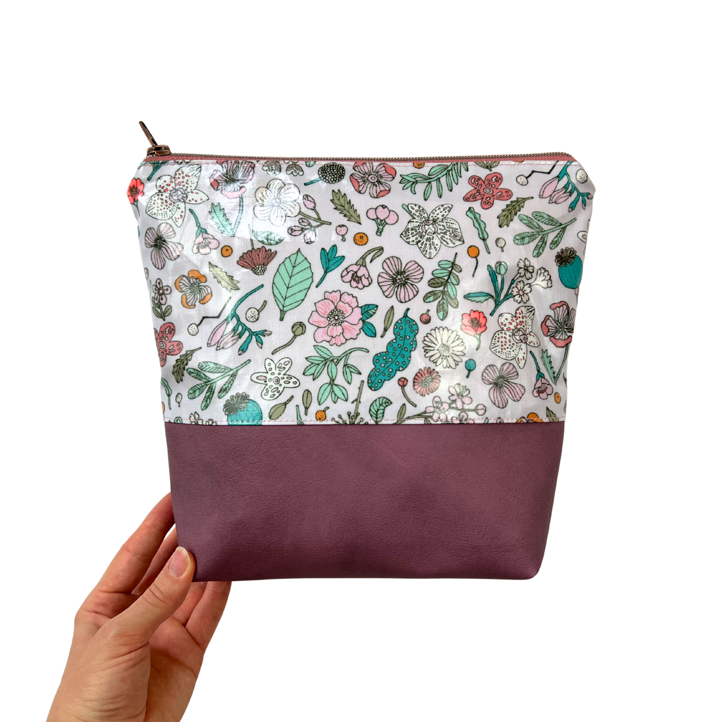 Große Kosmetiktasche Schminktasche Wasserabweisend, Wachstuch, Blumen & Pflanzen mit Kunstleder Altrosa, innen und außen abwaschbar
