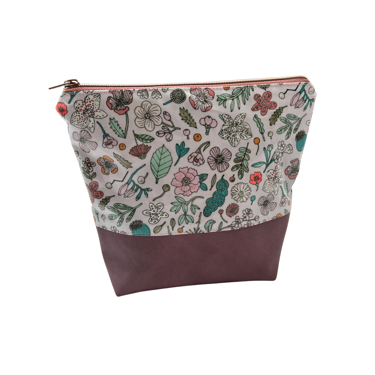 Große Kosmetiktasche Schminktasche Wasserabweisend, Wachstuch, Blumen & Pflanzen mit Kunstleder Altrosa, innen und außen abwaschbar