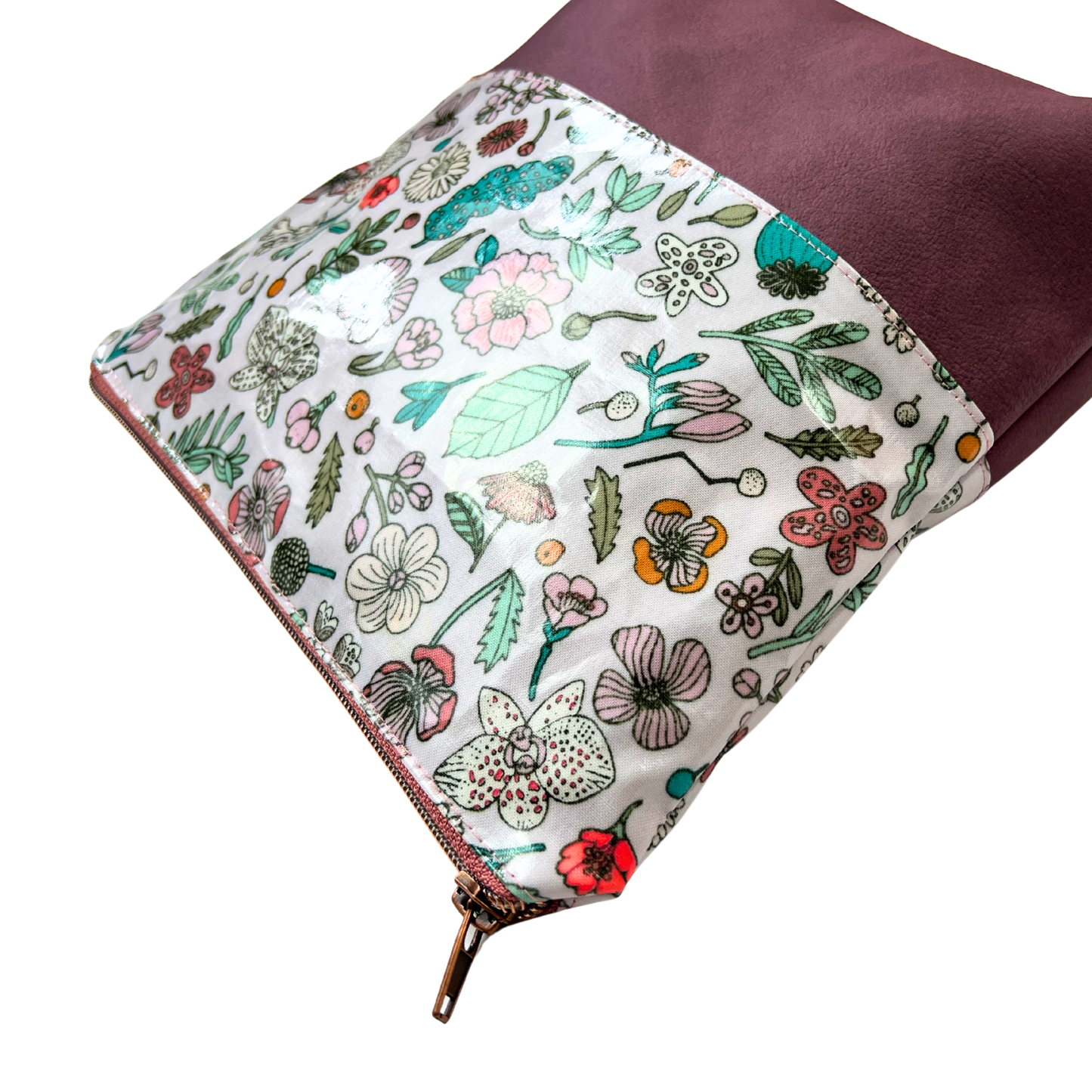 Große Kosmetiktasche Schminktasche Wasserabweisend, Wachstuch, Blumen & Pflanzen mit Kunstleder Altrosa, innen und außen abwaschbar
