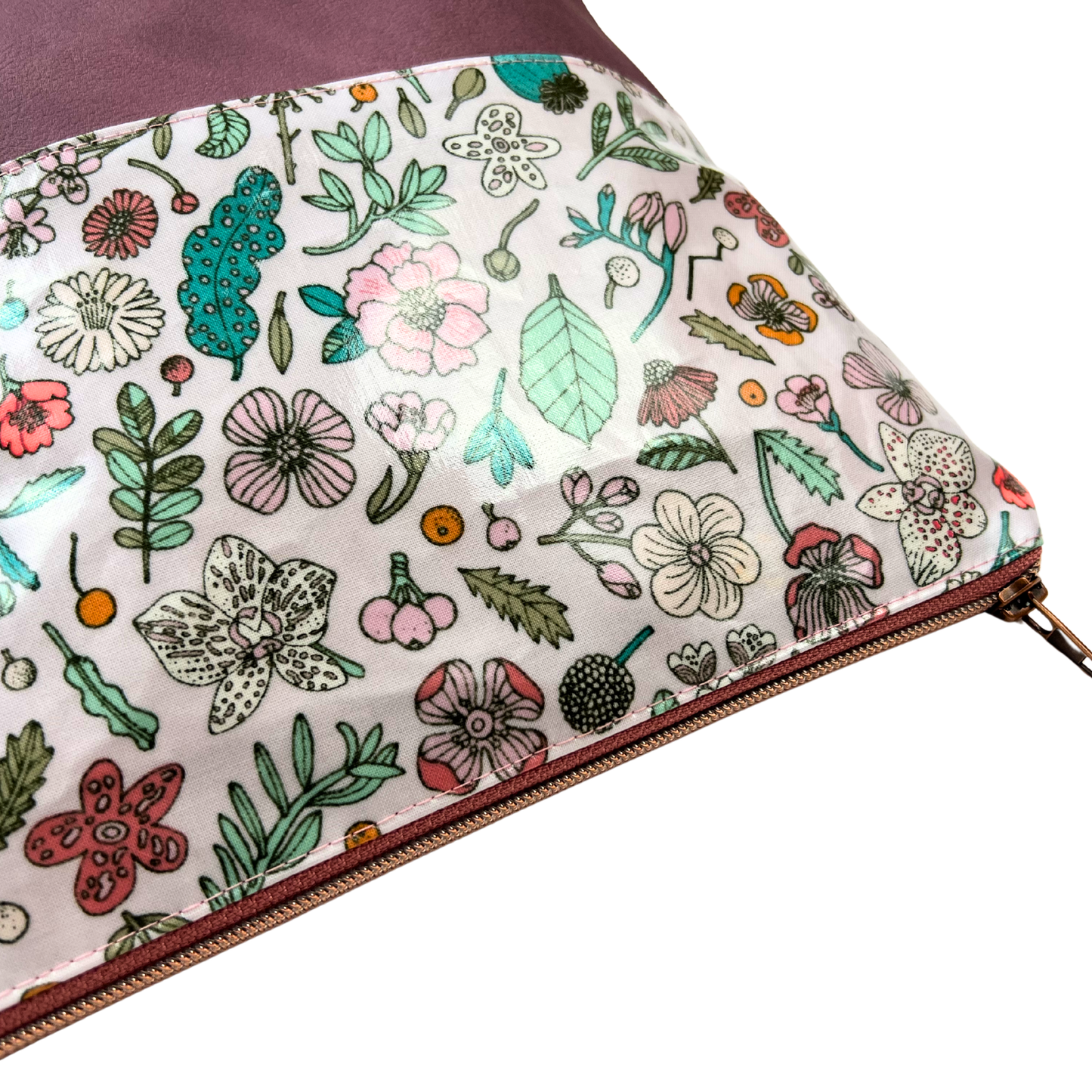 Große Kosmetiktasche Schminktasche Wasserabweisend, Wachstuch, Blumen & Pflanzen mit Kunstleder Altrosa, innen und außen abwaschbar