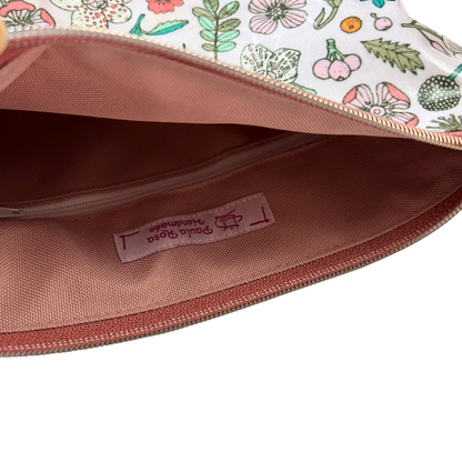 Große Kosmetiktasche Schminktasche Wasserabweisend, Wachstuch, Blumen & Pflanzen mit Kunstleder Altrosa, innen und außen abwaschbar