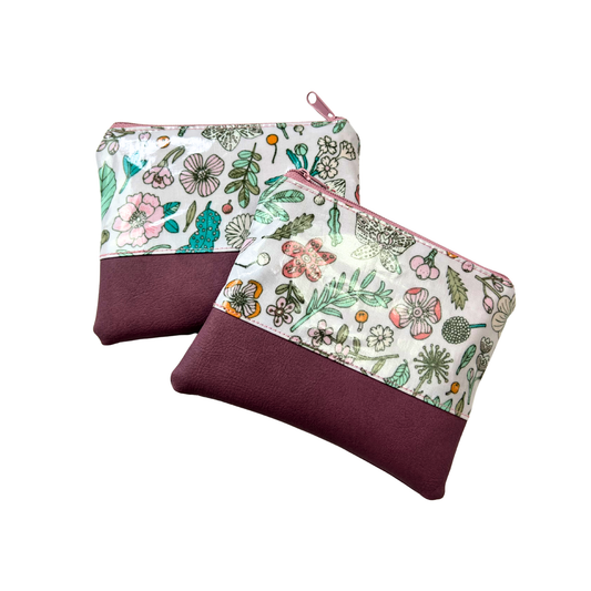 Kleine Kosmetiktasche Schminktasche Wasserabweisend, Wachstuch, Blumen & Pflanzen mit Kunstleder Altrosa, innen und außen abwaschbar