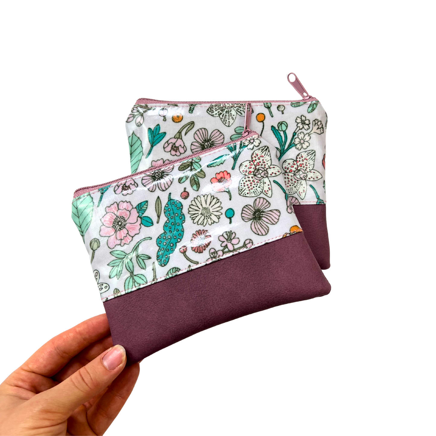 Kleine Kosmetiktasche Schminktasche Wasserabweisend, Wachstuch, Blumen & Pflanzen mit Kunstleder Altrosa, innen und außen abwaschbar