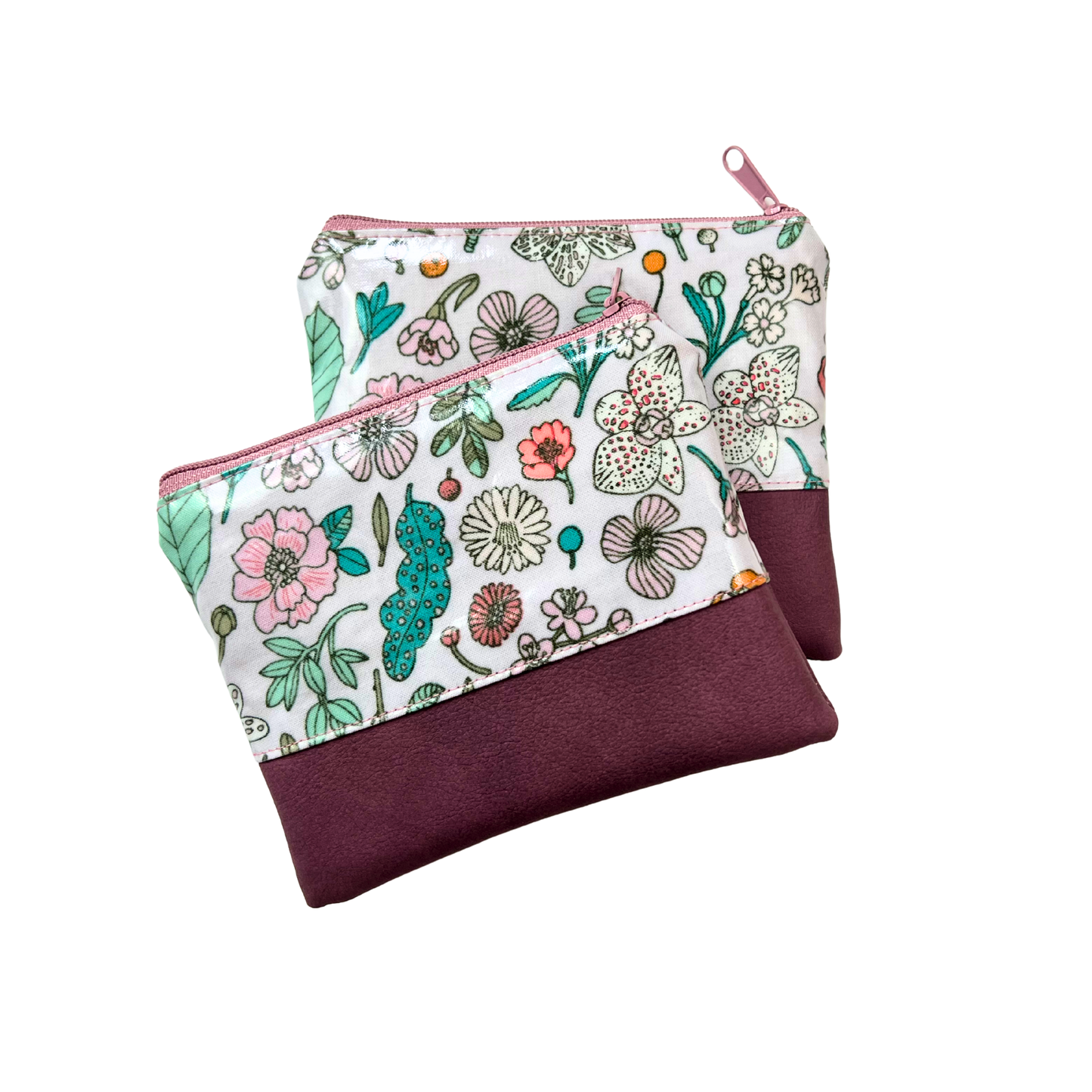 Kleine Kosmetiktasche Schminktasche Wasserabweisend, Wachstuch, Blumen & Pflanzen mit Kunstleder Altrosa, innen und außen abwaschbar