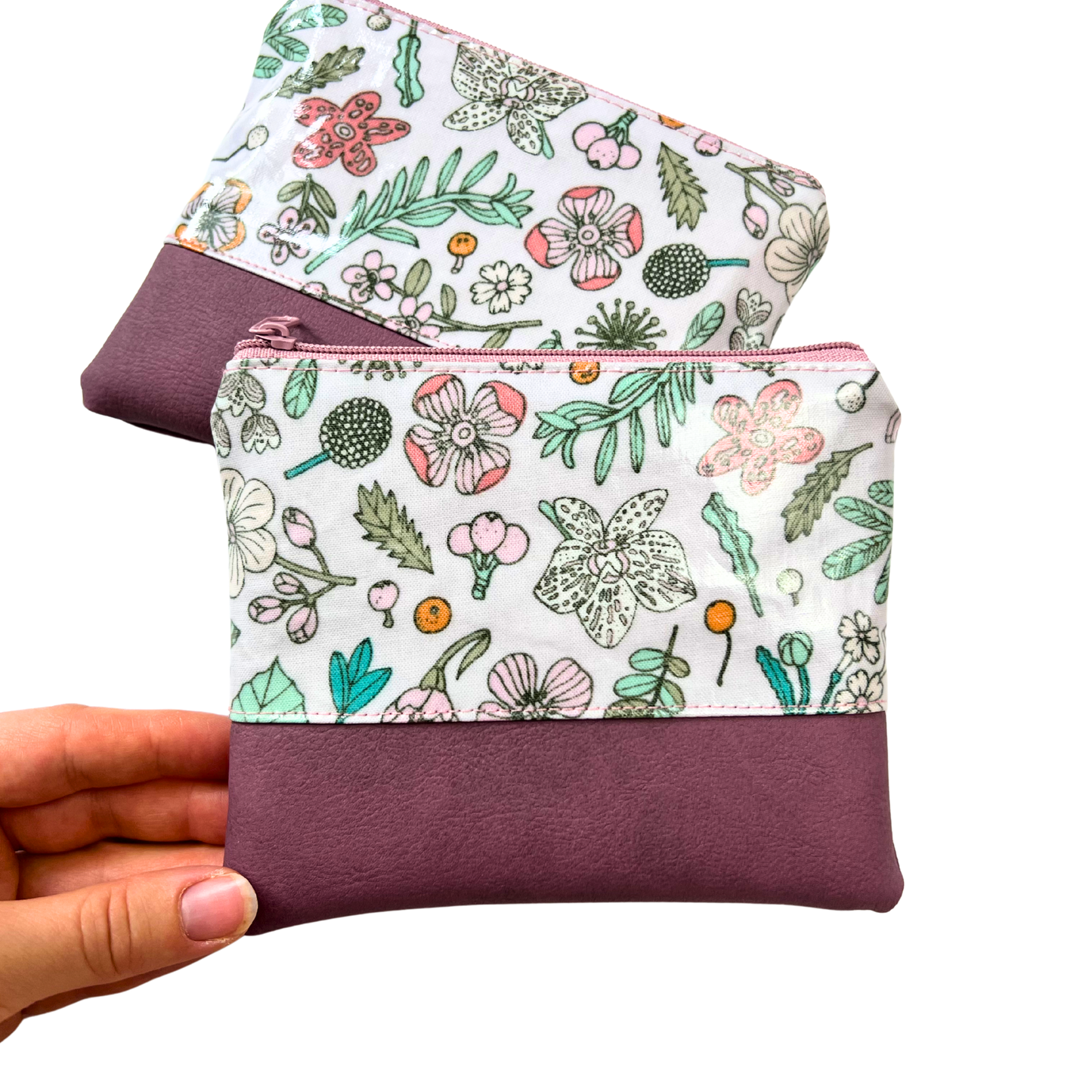 Kleine Kosmetiktasche Schminktasche Wasserabweisend, Wachstuch, Blumen & Pflanzen mit Kunstleder Altrosa, innen und außen abwaschbar