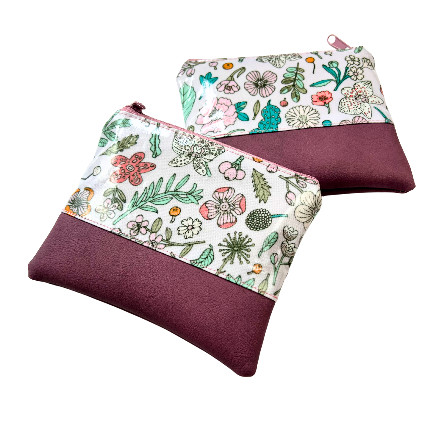 Kleine Kosmetiktasche Schminktasche Wasserabweisend, Wachstuch, Blumen & Pflanzen mit Kunstleder Altrosa, innen und außen abwaschbar
