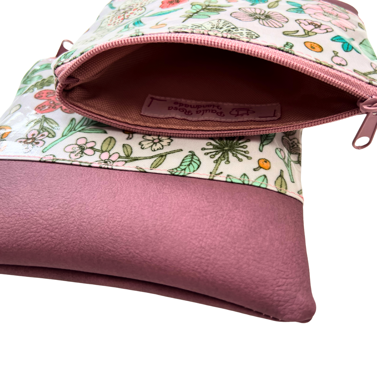 Kleine Kosmetiktasche Schminktasche Wasserabweisend, Wachstuch, Blumen & Pflanzen mit Kunstleder Altrosa, innen und außen abwaschbar