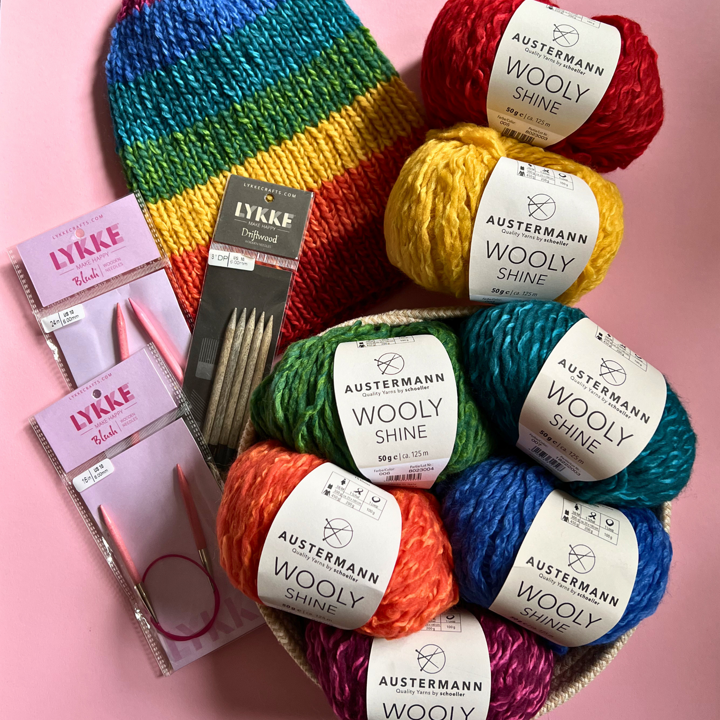 Strick-Set inkl. Anleitung "Spektrum" Regenbogen-Schal + Mütze