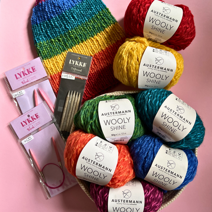 Strick-Set inkl. Anleitung "Spektrum" Regenbogen-Schal + Mütze
