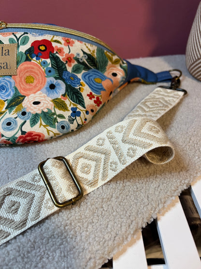Bauchtasche Englisches Blumenmuster mit Kunstleder Blau und gewebtem Gurtband, mit Extrafach
